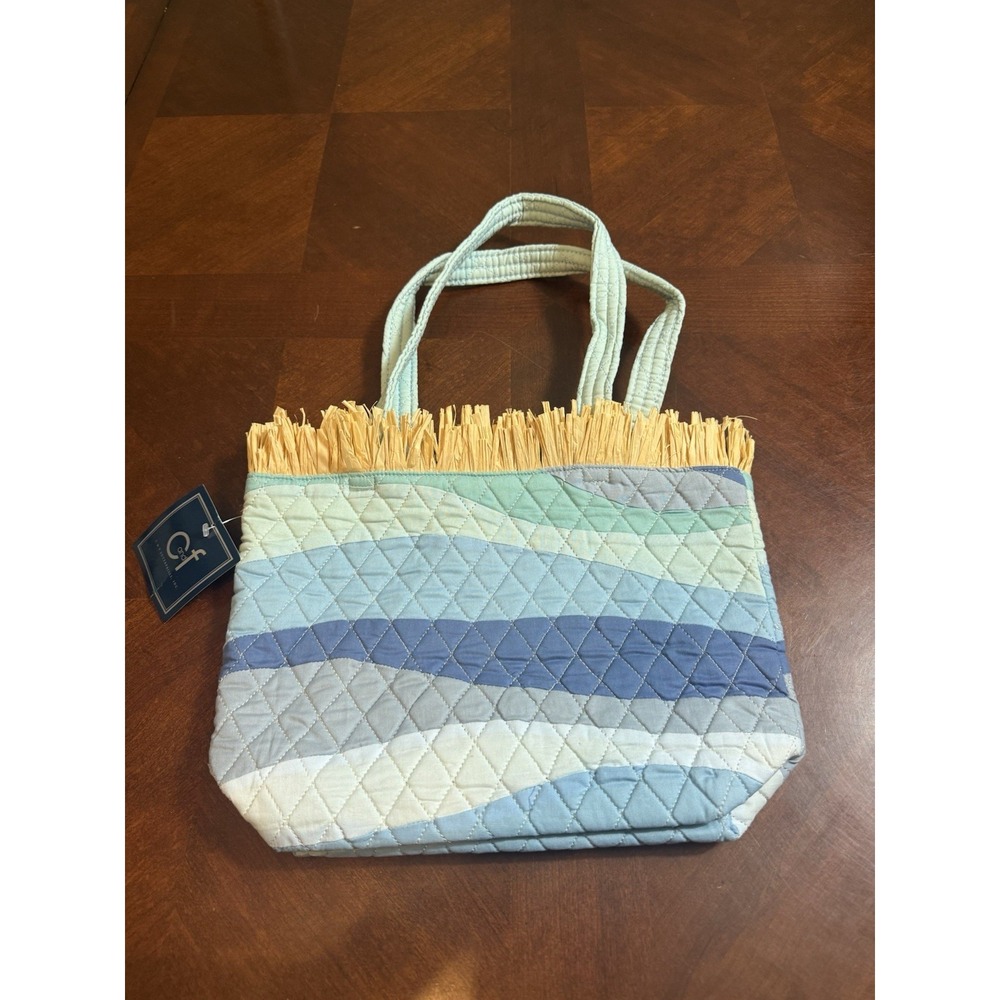 C&F Quilted Coastal Tote Bag‎ Blue Ombre Straw Fringe Beach Purse